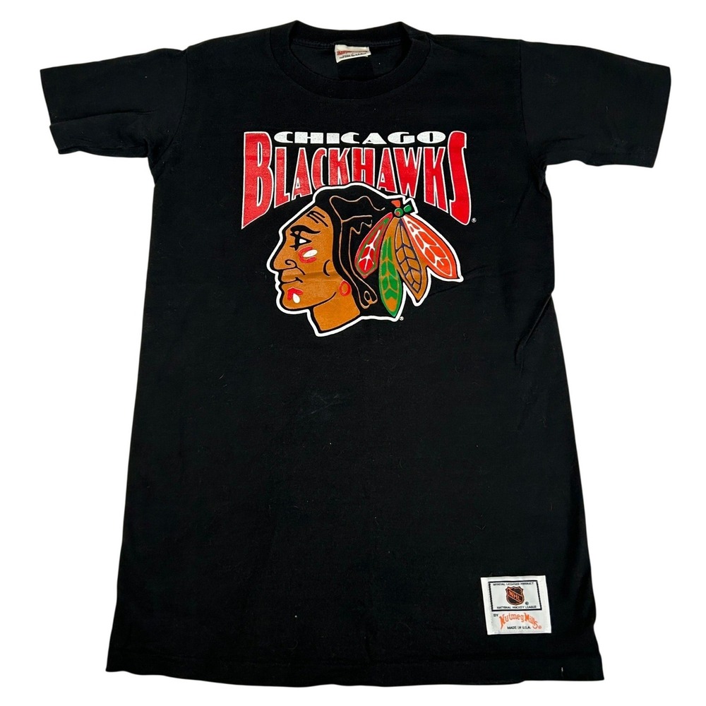 Vintage Nutmeg Mills Chicago Blackhawks NHL T-Shirt Black Mens Large Made in USA